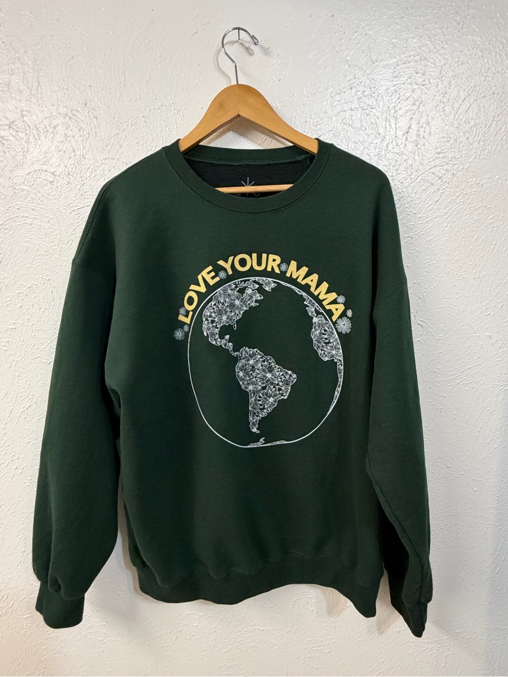 Dark Green Crewneck Sweater with 'Love Your Mama' Graphic